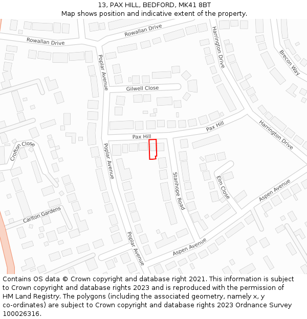 13, PAX HILL, BEDFORD, MK41 8BT: Location map and indicative extent of plot