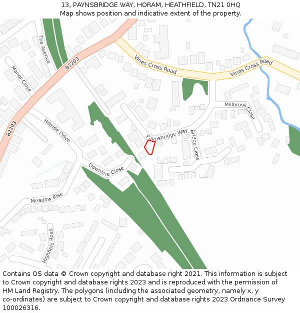 13, PAYNSBRIDGE WAY, HORAM, HEATHFIELD, TN21 0HQ: Location map and indicative extent of plot
