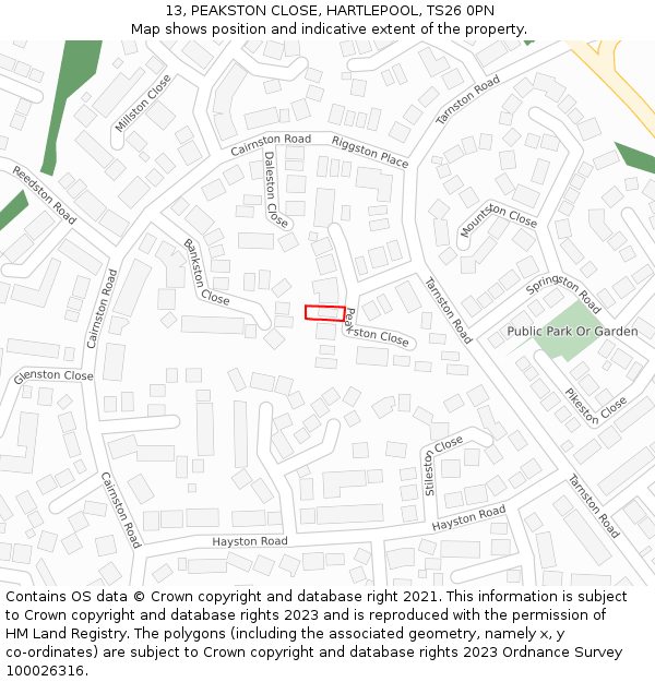 13, PEAKSTON CLOSE, HARTLEPOOL, TS26 0PN: Location map and indicative extent of plot