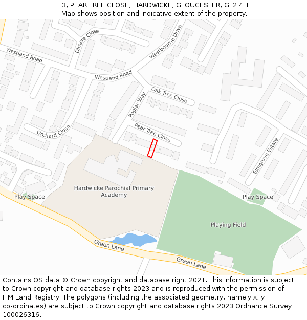 13, PEAR TREE CLOSE, HARDWICKE, GLOUCESTER, GL2 4TL: Location map and indicative extent of plot