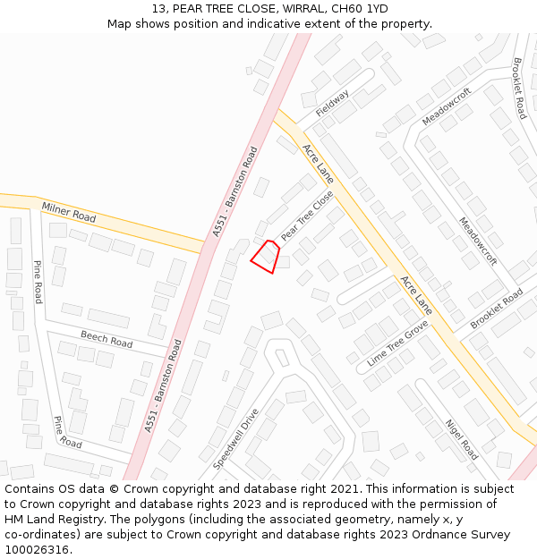 13, PEAR TREE CLOSE, WIRRAL, CH60 1YD: Location map and indicative extent of plot