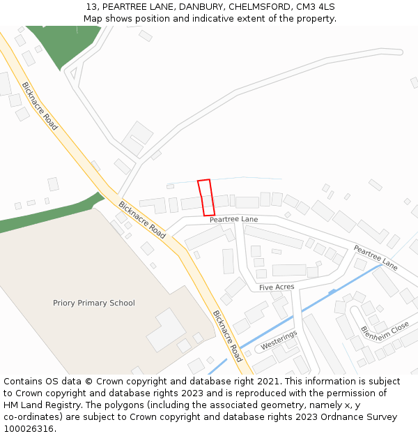 13, PEARTREE LANE, DANBURY, CHELMSFORD, CM3 4LS: Location map and indicative extent of plot