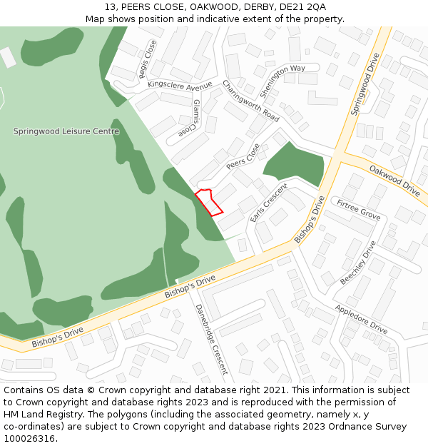 13, PEERS CLOSE, OAKWOOD, DERBY, DE21 2QA: Location map and indicative extent of plot