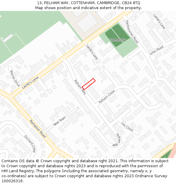 13, PELHAM WAY, COTTENHAM, CAMBRIDGE, CB24 8TQ: Location map and indicative extent of plot