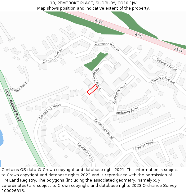 13, PEMBROKE PLACE, SUDBURY, CO10 1JW: Location map and indicative extent of plot