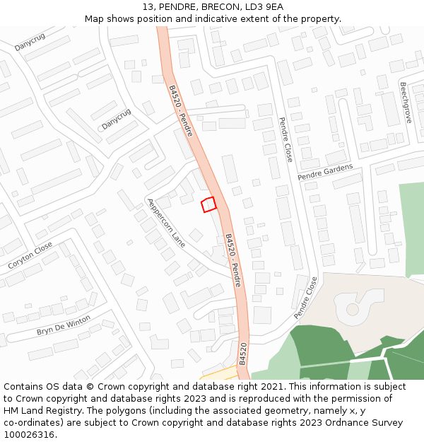 13, PENDRE, BRECON, LD3 9EA: Location map and indicative extent of plot