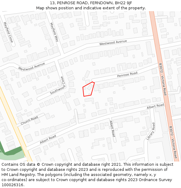 13, PENROSE ROAD, FERNDOWN, BH22 9JF: Location map and indicative extent of plot