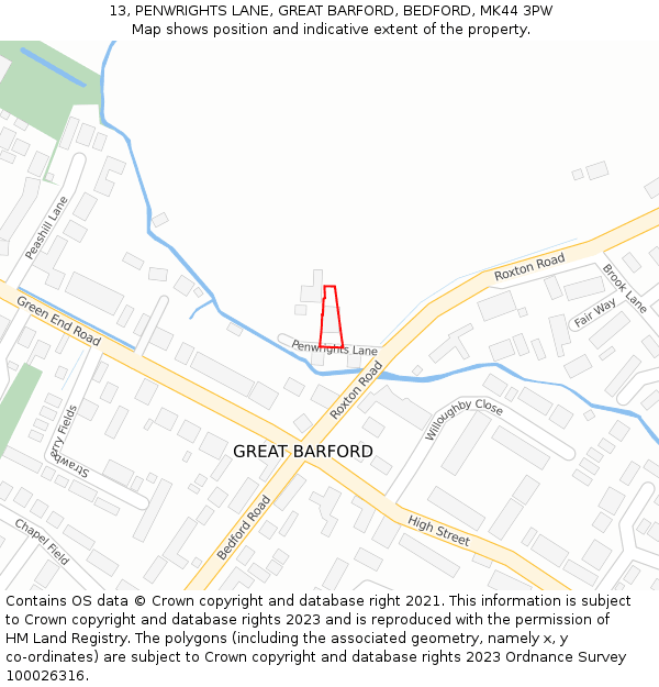 13, PENWRIGHTS LANE, GREAT BARFORD, BEDFORD, MK44 3PW: Location map and indicative extent of plot