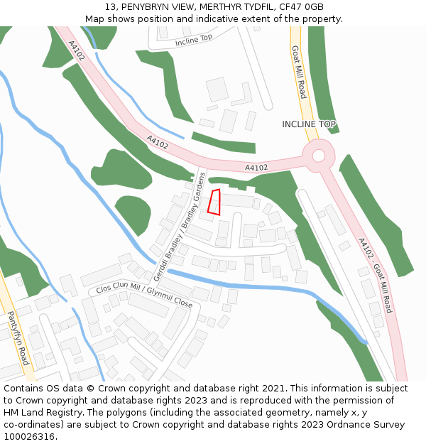 13, PENYBRYN VIEW, MERTHYR TYDFIL, CF47 0GB: Location map and indicative extent of plot
