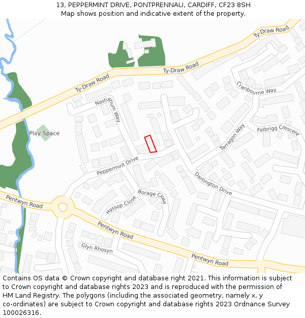 13, PEPPERMINT DRIVE, PONTPRENNAU, CARDIFF, CF23 8SH: Location map and indicative extent of plot