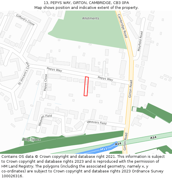 13, PEPYS WAY, GIRTON, CAMBRIDGE, CB3 0PA: Location map and indicative extent of plot