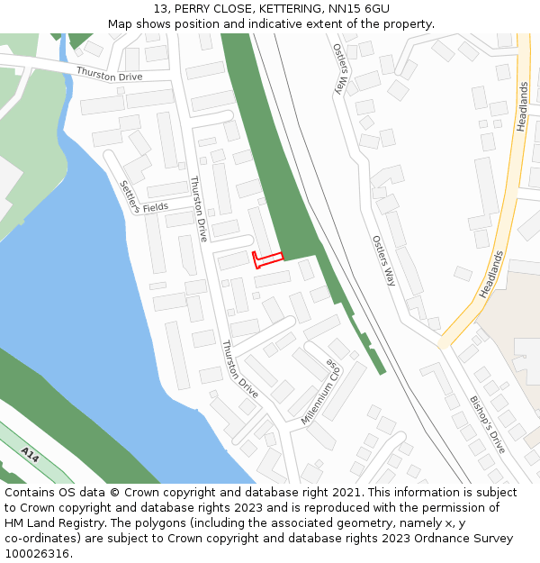 13, PERRY CLOSE, KETTERING, NN15 6GU: Location map and indicative extent of plot