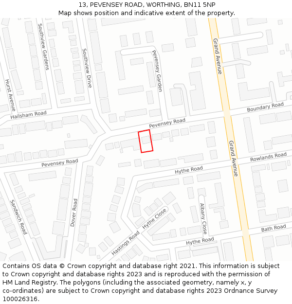 13, PEVENSEY ROAD, WORTHING, BN11 5NP: Location map and indicative extent of plot