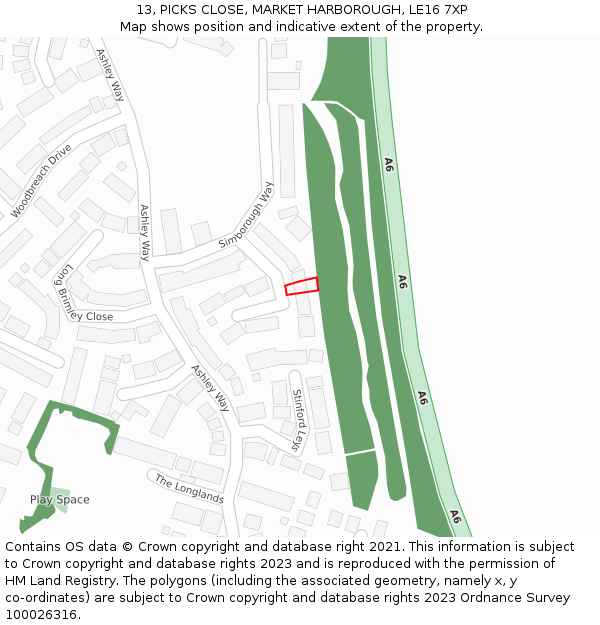 13, PICKS CLOSE, MARKET HARBOROUGH, LE16 7XP: Location map and indicative extent of plot