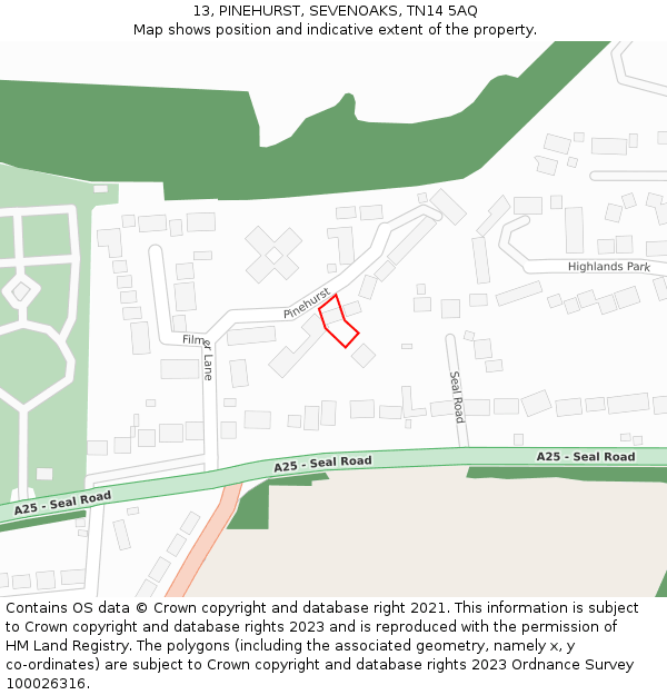 13, PINEHURST, SEVENOAKS, TN14 5AQ: Location map and indicative extent of plot