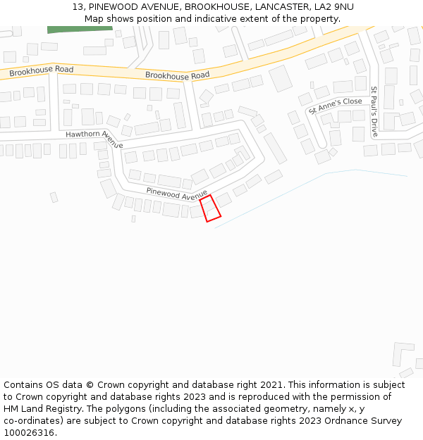 13, PINEWOOD AVENUE, BROOKHOUSE, LANCASTER, LA2 9NU: Location map and indicative extent of plot