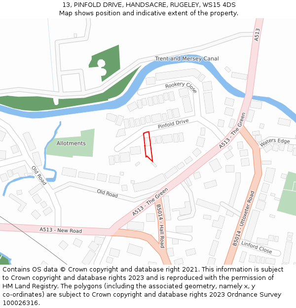 13, PINFOLD DRIVE, HANDSACRE, RUGELEY, WS15 4DS: Location map and indicative extent of plot