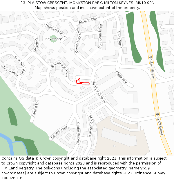 13, PLAISTOW CRESCENT, MONKSTON PARK, MILTON KEYNES, MK10 9PN: Location map and indicative extent of plot