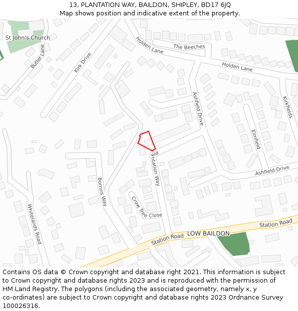 13, PLANTATION WAY, BAILDON, SHIPLEY, BD17 6JQ: Location map and indicative extent of plot