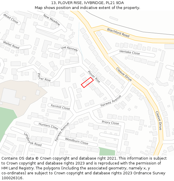 13, PLOVER RISE, IVYBRIDGE, PL21 9DA: Location map and indicative extent of plot