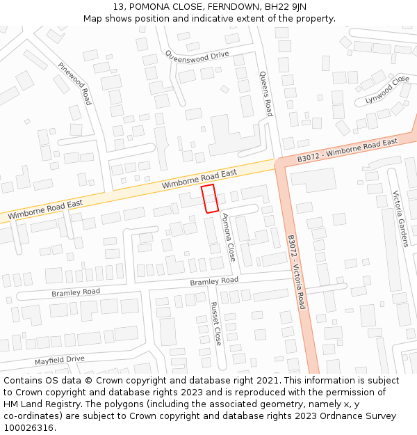 13, POMONA CLOSE, FERNDOWN, BH22 9JN: Location map and indicative extent of plot