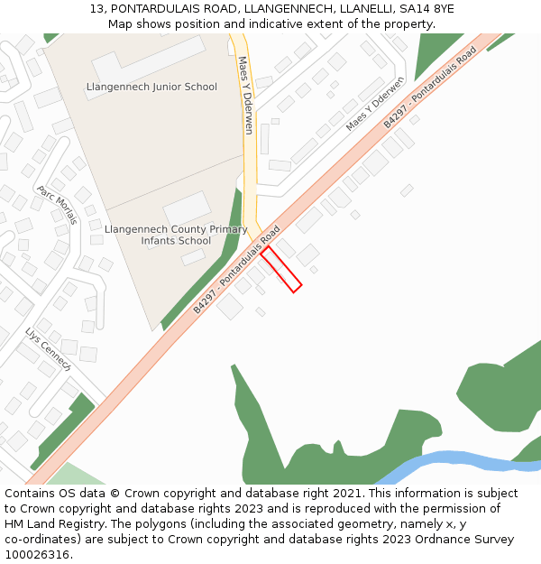 13, PONTARDULAIS ROAD, LLANGENNECH, LLANELLI, SA14 8YE: Location map and indicative extent of plot