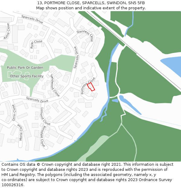 13, PORTMORE CLOSE, SPARCELLS, SWINDON, SN5 5FB: Location map and indicative extent of plot