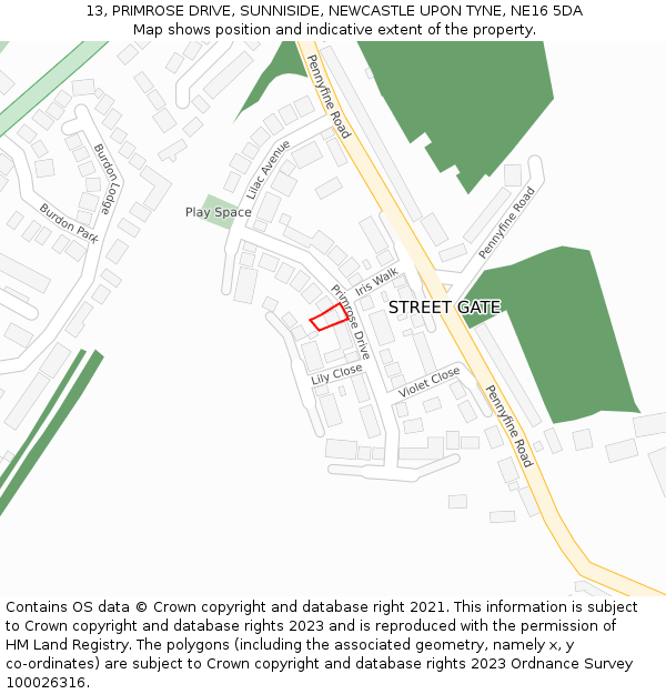 13, PRIMROSE DRIVE, SUNNISIDE, NEWCASTLE UPON TYNE, NE16 5DA: Location map and indicative extent of plot