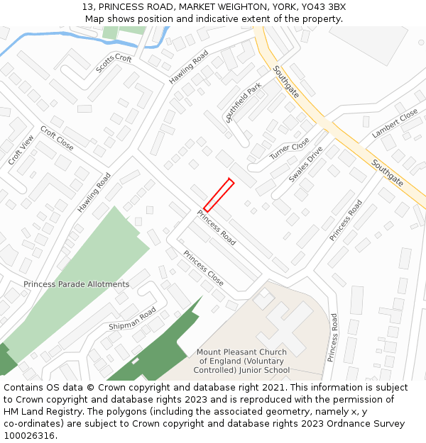 13, PRINCESS ROAD, MARKET WEIGHTON, YORK, YO43 3BX: Location map and indicative extent of plot