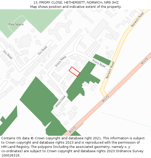 13, PRIORY CLOSE, HETHERSETT, NORWICH, NR9 3HZ: Location map and indicative extent of plot