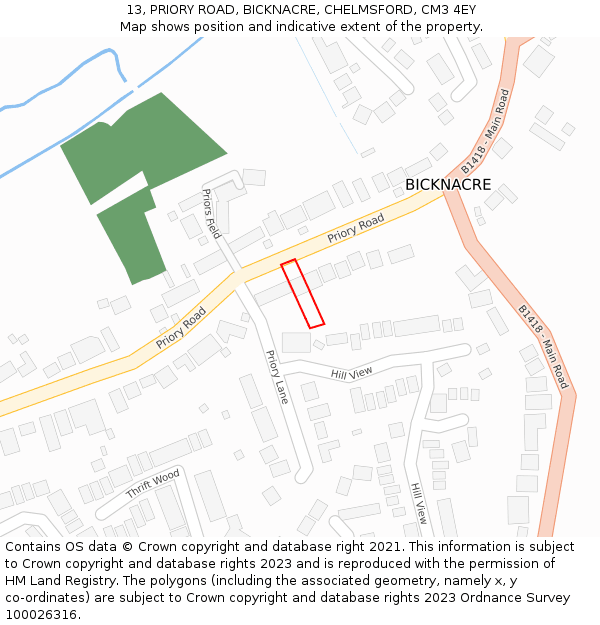 13, PRIORY ROAD, BICKNACRE, CHELMSFORD, CM3 4EY: Location map and indicative extent of plot