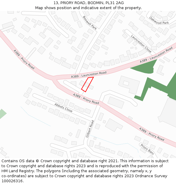 13, PRIORY ROAD, BODMIN, PL31 2AG: Location map and indicative extent of plot
