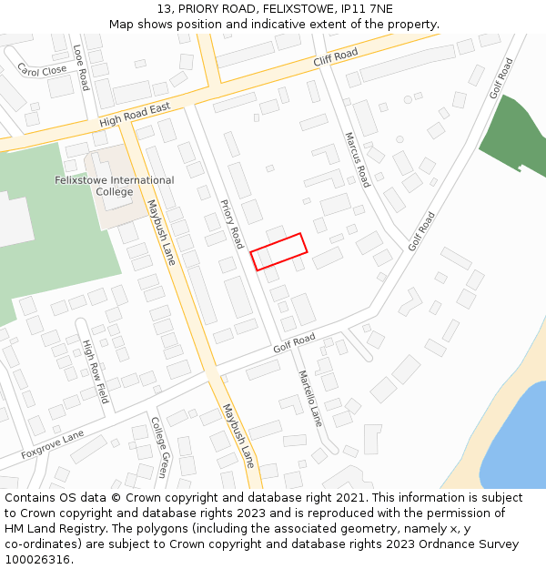13, PRIORY ROAD, FELIXSTOWE, IP11 7NE: Location map and indicative extent of plot