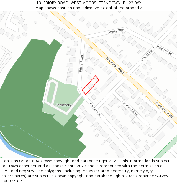 13, PRIORY ROAD, WEST MOORS, FERNDOWN, BH22 0AY: Location map and indicative extent of plot