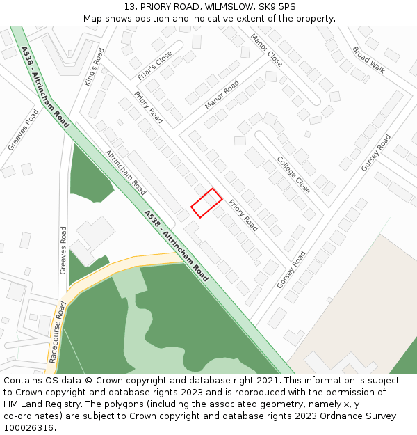 13, PRIORY ROAD, WILMSLOW, SK9 5PS: Location map and indicative extent of plot