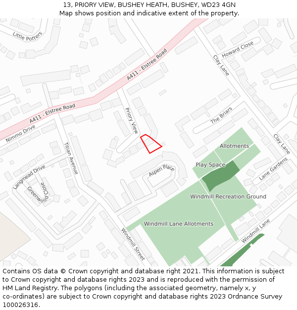 13, PRIORY VIEW, BUSHEY HEATH, BUSHEY, WD23 4GN: Location map and indicative extent of plot