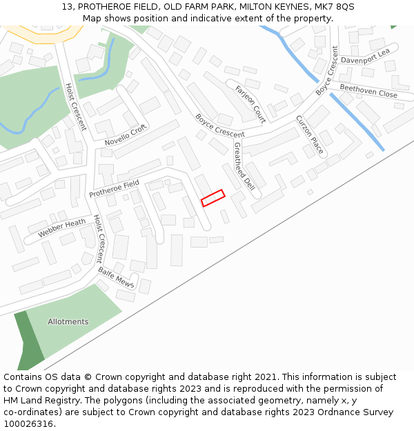 13, PROTHEROE FIELD, OLD FARM PARK, MILTON KEYNES, MK7 8QS: Location map and indicative extent of plot