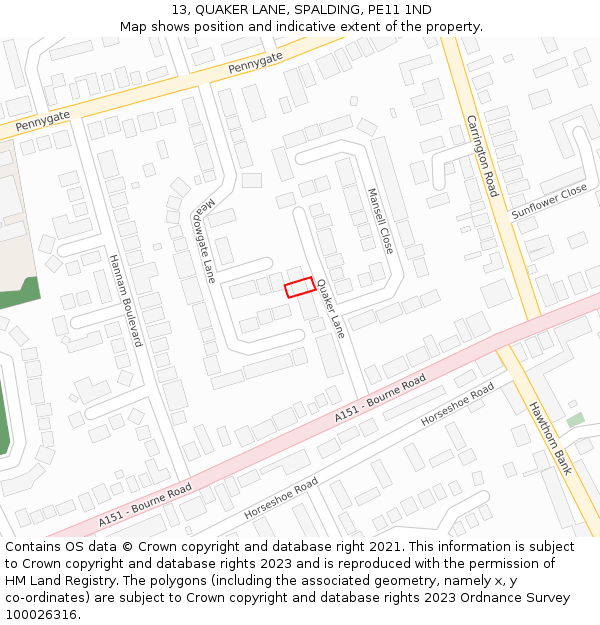 13, QUAKER LANE, SPALDING, PE11 1ND: Location map and indicative extent of plot