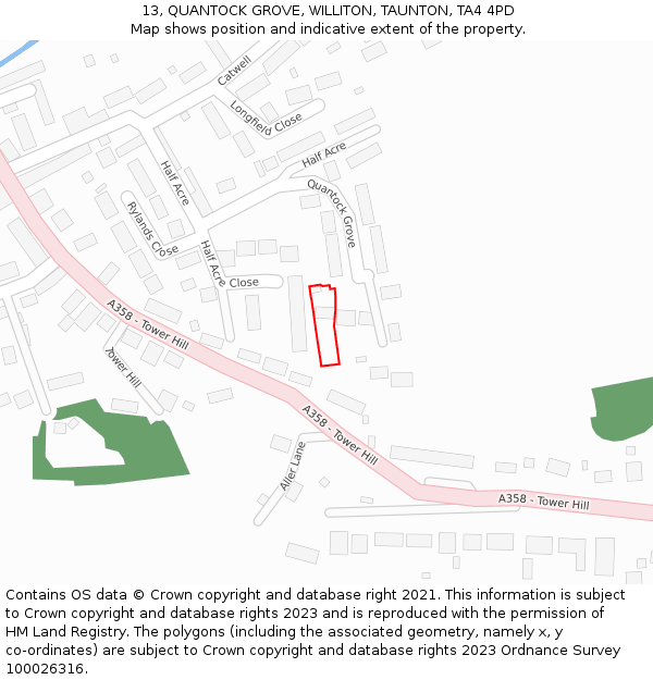 13, QUANTOCK GROVE, WILLITON, TAUNTON, TA4 4PD: Location map and indicative extent of plot