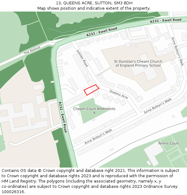 13, QUEENS ACRE, SUTTON, SM3 8DH: Location map and indicative extent of plot