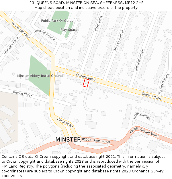13, QUEENS ROAD, MINSTER ON SEA, SHEERNESS, ME12 2HF: Location map and indicative extent of plot