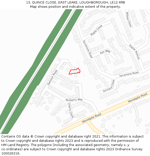 13, QUINCE CLOSE, EAST LEAKE, LOUGHBOROUGH, LE12 6RB: Location map and indicative extent of plot