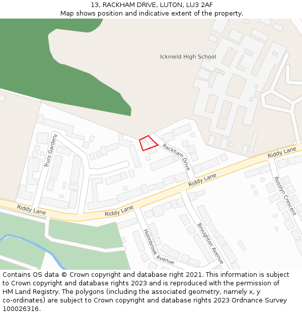 13, RACKHAM DRIVE, LUTON, LU3 2AF: Location map and indicative extent of plot