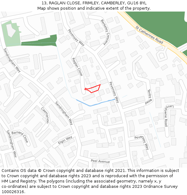 13, RAGLAN CLOSE, FRIMLEY, CAMBERLEY, GU16 8YL: Location map and indicative extent of plot