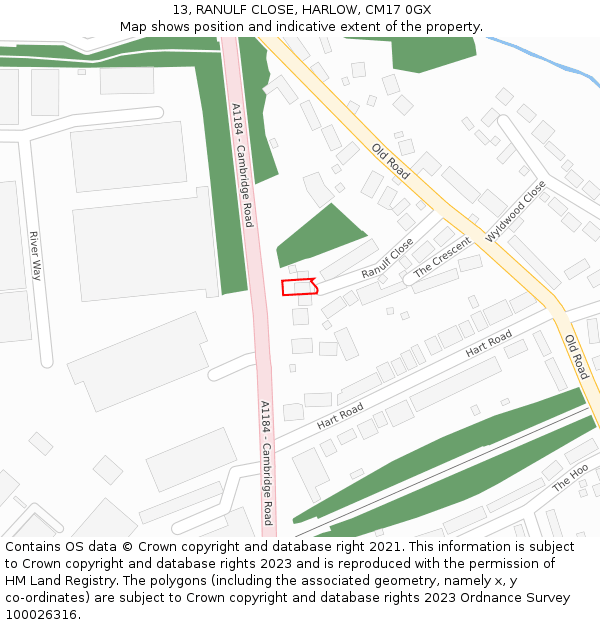 13, RANULF CLOSE, HARLOW, CM17 0GX: Location map and indicative extent of plot