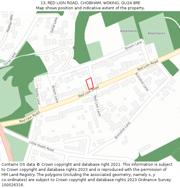 13, RED LION ROAD, CHOBHAM, WOKING, GU24 8RE: Location map and indicative extent of plot