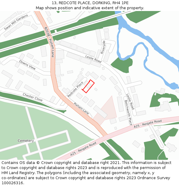 13, REDCOTE PLACE, DORKING, RH4 1PE: Location map and indicative extent of plot