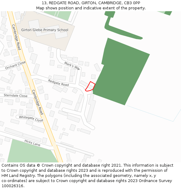 13, REDGATE ROAD, GIRTON, CAMBRIDGE, CB3 0PP: Location map and indicative extent of plot