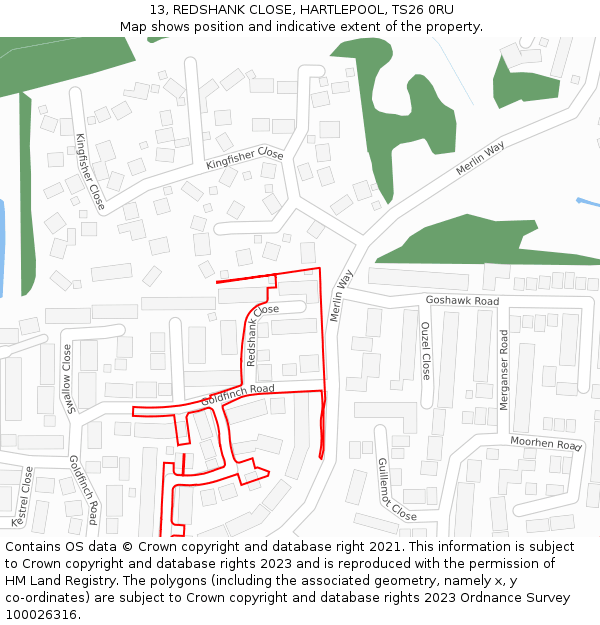 13, REDSHANK CLOSE, HARTLEPOOL, TS26 0RU: Location map and indicative extent of plot