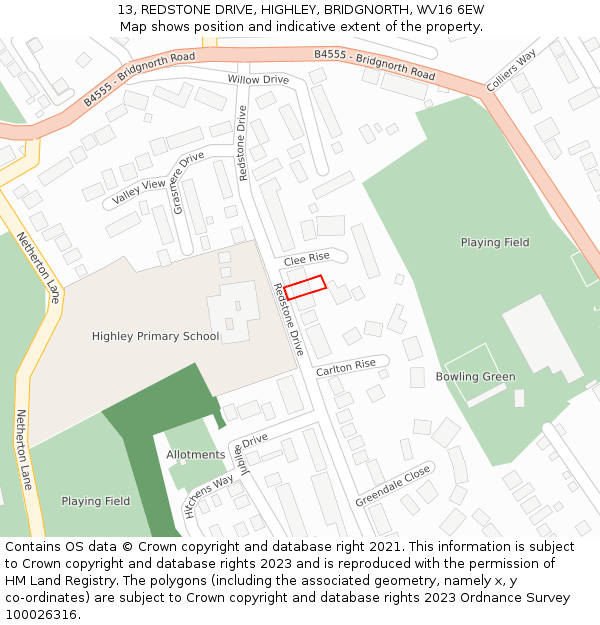 13, REDSTONE DRIVE, HIGHLEY, BRIDGNORTH, WV16 6EW: Location map and indicative extent of plot